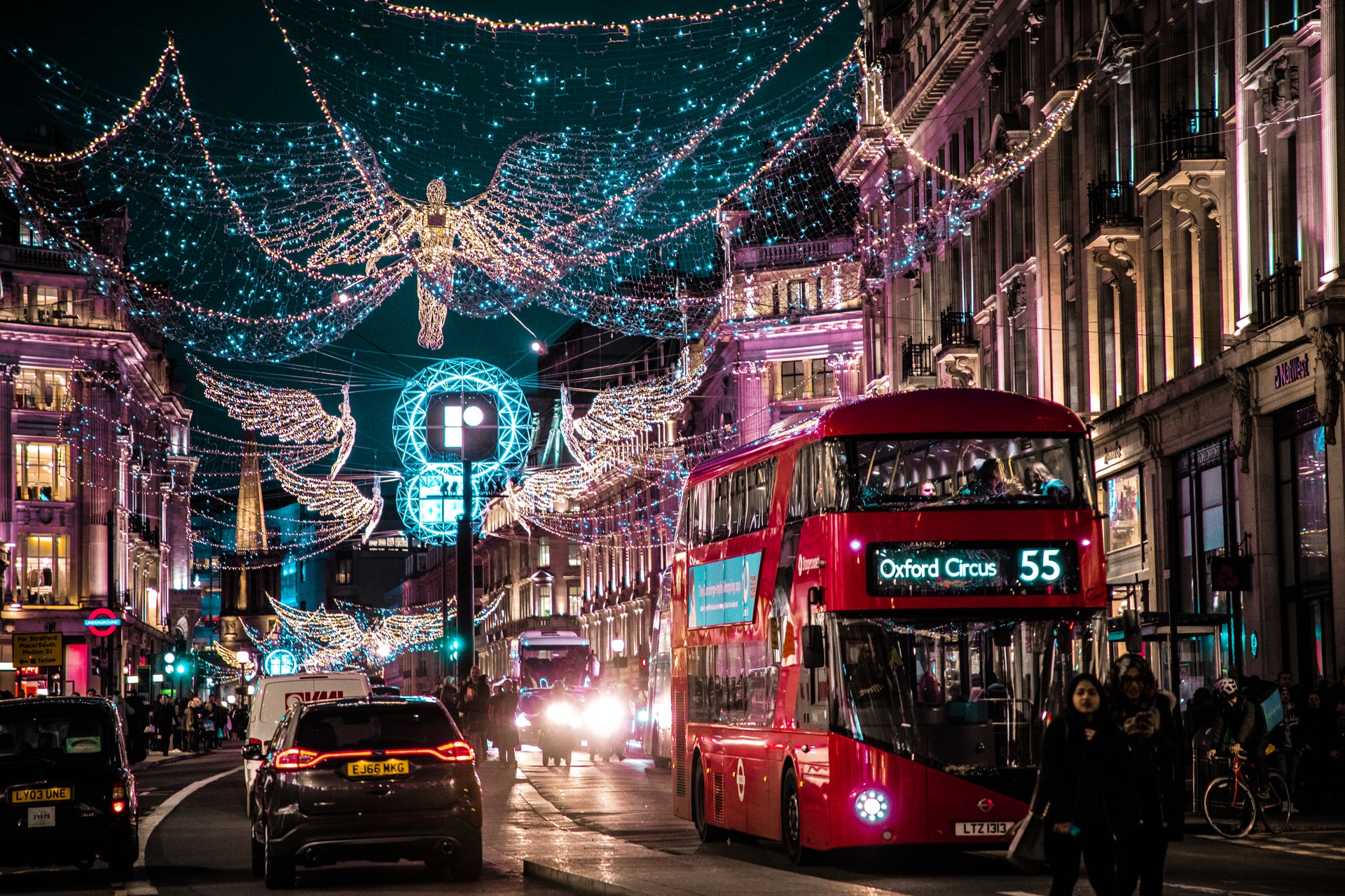 Christmas lights and London bus on Regent Street, London at night